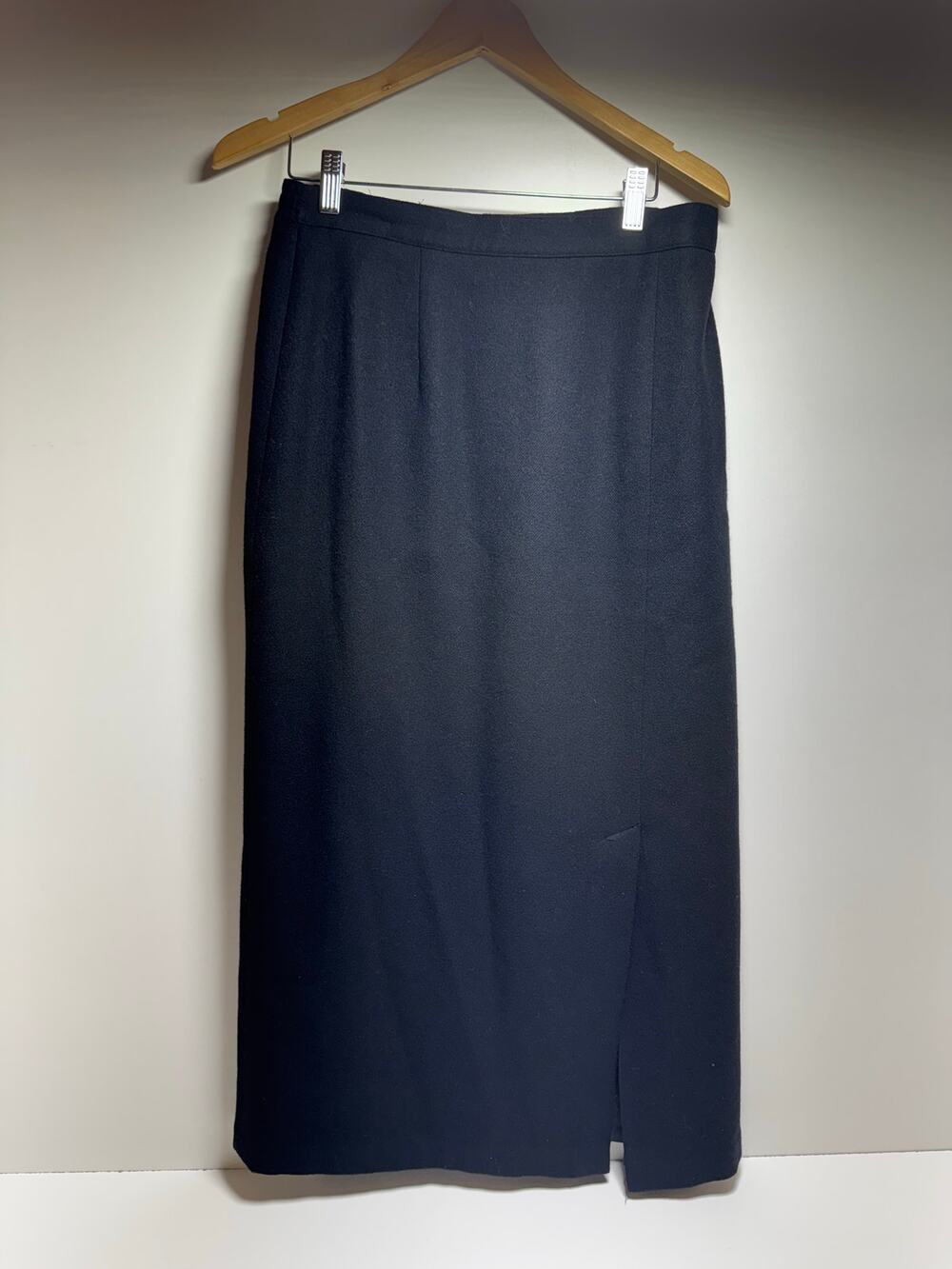 100% Pure New Wool Woolmark Sz 10 Black Skirt Slit Front Pencil MIDI Career